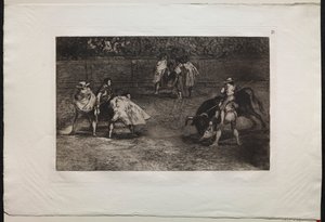 Bullfights: A Bullfighter Mounted on the Shoulders of an Assistant, Spearing a Bull