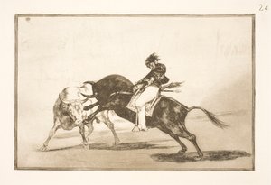 The Same Ceballos, Sitting on the Back of Another Bull, Breaking Short Spears in the Arena in Madrid by Francisco de Goya