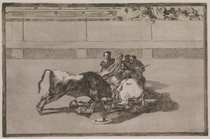 A Picador is Thrown from the Horse and Falls Under the Bull