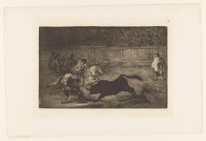 Man on Horseback Stabs a Bull with a Lance