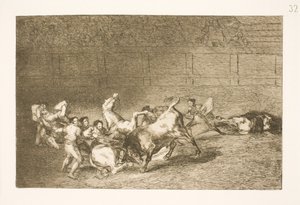 Two Picadors Being Overturned One by One by a Single Bull