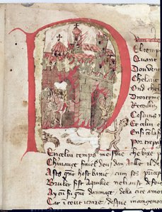 Historiated initial depicting Attila the Hun burning the city of Aquila from The War of Attila by Nicola da Casola by Franco Italian School
