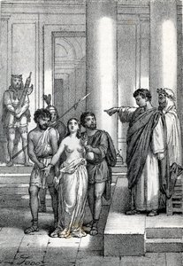 Agnes of Rome brought naked through the streets to a brothel, drawing from 