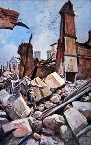 Battle of Verdun: French troops move among ruined ramparts