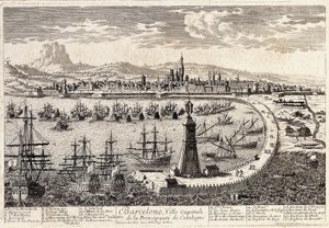 View of the city and the port of Barcelona in the 18th century. Engraving by Francois Antoine Aveline. Barcelona, Museu d