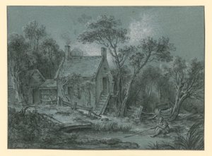 House with Stairs between Trees, with an Angler in Front by François Boucher