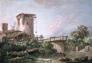 Landscape with Tower and Bridge by François Boucher