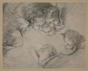 Six Angel Heads in Clouds