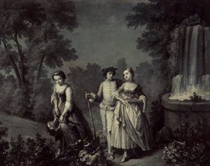 Two girls and a youth gardening near a fountain