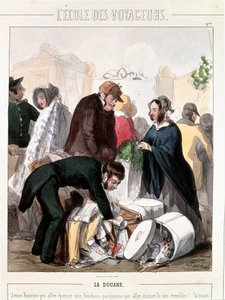 Customs control of the dowry of an heiress who was going to marry a young man. Colour engraving by Francois Bouchot, circa 1830 by Francois Bouchot