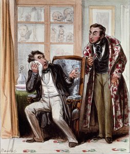 Dentist. Cartoon of a patient with a rage of teeth came to consult a dentist. Engraving by Bouchot, circa 1830