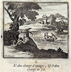 The Donkey Loaded with Sponges and the Donkey Loaded with Salt. Fables by Jean de La Fontaine. Illustration by François Chauveau. Edition of 1728