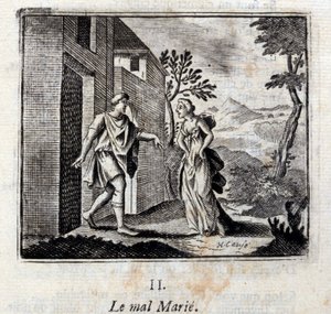 Evil marries. Fables by Jean de La Fontaine (1621-95). Illustration by François Chauveau (1613-1676). Edition of 1728 by Francois Chauveau