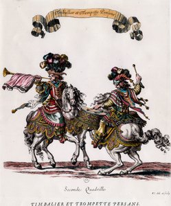 Persian timbalier and trumpet during the carousel given by King Louis XIV. Engraving by Francois Chauveau circa 1662. Private collection by Francois Chauveau