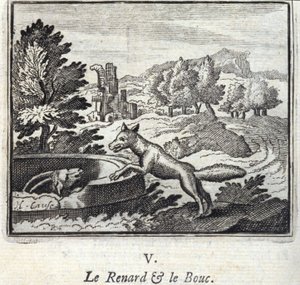 The Fox and the Goat. Fables by Jean de La Fontaine. Illustration by François Chauveau. Edition of 1728