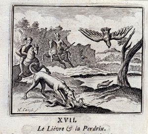 The Hare and the Partridge. Fables by Jean de La Fontaine (1621-95). Illustration by François Chauveau (1613-1676). Edition of 1728