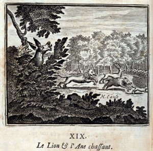 The Lion and the Donkey Hunting. Fables by Jean de La Fontaine (1621-95). Illustration by François Chauveau (1613-1676). Edition of 1728