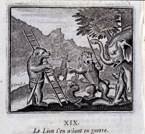 The Lion going to war. Fables by Jean de La Fontaine (1621-95). Illustration by François Chauveau (1613-1676). Edition of 1728 by Francois Chauveau