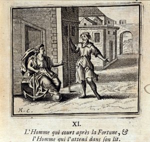 The Man Who Runs After Fortune and the Man Who Waits for Him in Bed. Fables by Jean de La Fontaine. Illustration by François Chauveau, Edition of 1728 by Francois Chauveau