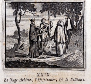 The Judge Referees the Hospitaller and the Solitaire. Fables by Jean de La Fontaine. Illustration by François Chauveau. Edition of 1728. by Francois Chauveau