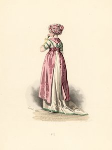 Woman in White Dress and Corsage with Green Trim, Pink Apron by Francois Claudius (after) Compte Calix