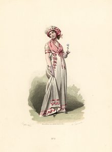 Woman in white dress, pink fichu and corsage by Francois Claudius (after) Compte Calix