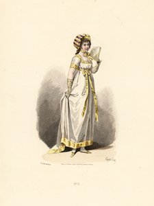 Woman in White Dress with Yellow Trim with Fan by Francois Claudius (after) Compte Calix