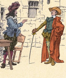 Meeting of Cyrano, young, arriving in Paris, with D