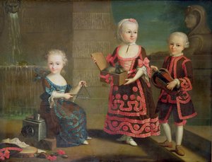 A Group Portrait of a Girl with a Marmoset in a Box, a Girl with a Triangle Sitting on a Magic Lantern and a Boy with a Hurdy-Gurdy