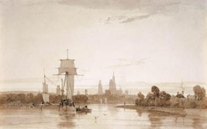 View from the Seine towards Rouen Cathedral and City. Morning by Francois Louis Thomas Francia