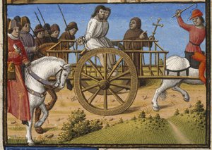 Two prisoners in a cart being taken to execution, accompanied by a priest