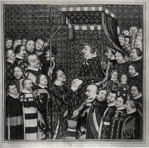 Louis II (1337-1410) Count of Clement, paying homage to Charles V (1338-80) copy of a 14th century miniature