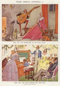 Musical entertainment provided in the form of a singing troubadour and children playing a piano by Frank Reynolds