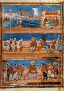 Saint Jerome Leaving Rome and Paying His Teacher in Jerusalem, Working with His Scribes, and Distributing the Vulgate by Frankish School