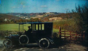 Early color autochrome circa 1916. Man in a car, perhaps the photographer in England by Franklin Price Knott