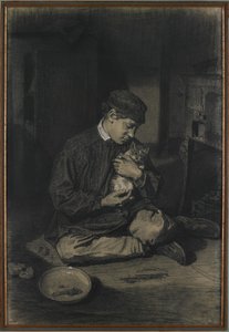 Seated Boy Holding a Cat (recto); Study of Kittens and a Plate of Milk (verso)