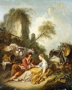 A Pastoral Landscape with a Shepherd and Shepherdess seated by Ruins