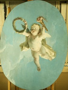 A Putti in Flight Holding a Wreath and a Torch
