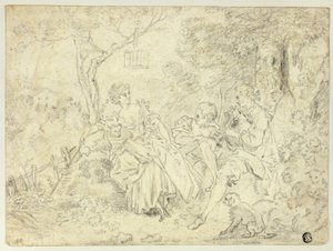 Shepherdesses and Young Man Playing Bagpipe by François Boucher