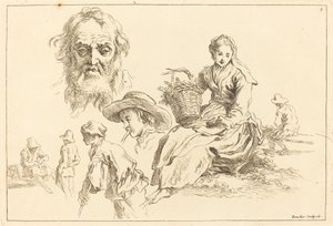 Figure Studies including Bearded Face of an Old Man by François Boucher after Abraham Bloemaert