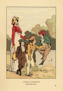 Boys in Jackets and Breeches with Merveilleuse in Roman Robe with Bonnet and Spencer Jacket. Little Patriots, Year VIII