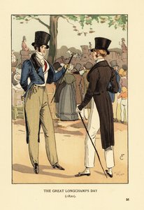 Fashionable Gentlemen in Top Hat and Tails with Canes. At a Big Race Day at Longchamp Racecourse. Crowds of Fashionable People and Carriages. The Great Longchamps Day