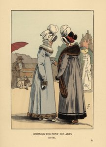 Fashionable women in feather hats, lace ruff collars and fur-trimmed dresses. Crossing the Pont des Arts, Paris