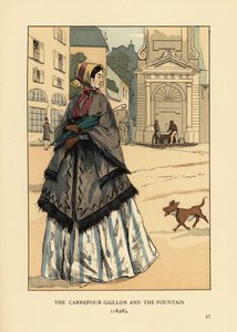 Woman in front of the fountain at Place Gaillon, Paris. She wears a cashmere shawl with arm holes called la visite over her crinoline. The carrefour Gaillon and the fountain
