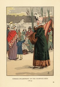 Woman in Fur-Lined Coat with Fur Muff Visiting the Tatar and Kalmyk Cossack Bivouac in Paris After the Fall of Napoleon. Cossack Encampment on the Champs Elysees