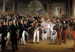 Revolution of 1830: The Chamber of Deputies presents to the Duke of Orleans, Louis Philippe I, the act that calls him to the throne and the Charter of 1830, at the Royal Palace, on 7/08/1830 (detail)