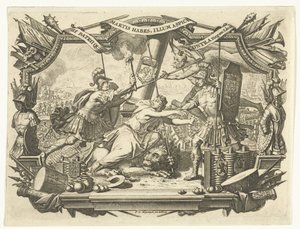 Dutch Maiden Attacked by Soldier and Protected by Father Time in a Frame with Trophies of Arms by François van Bleyswijck