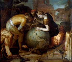 Geometry. Allegory and personification of Geometry holding a compass above a globe. Different geometric instruments are arranged in the foreground. Painting by Frans Floris (1515-1570) by Frans Floris
