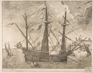 Armed Three-Master Anchored Near a City