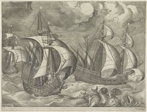 Three Warships, in the Foreground Arion on a Dolphin (series title: Sailing Ships)